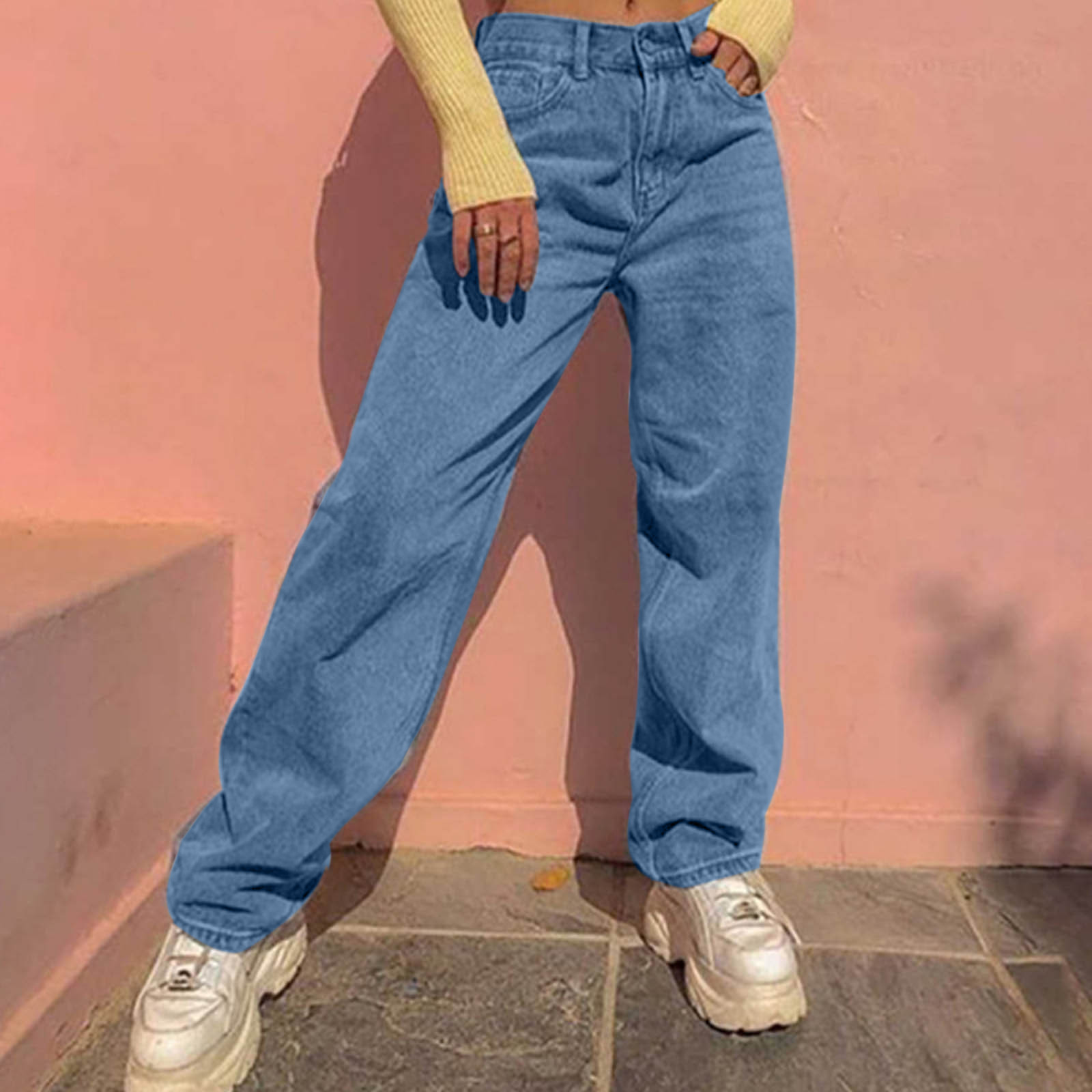 Vbnergoie Women High Waist Loose Pocket Blue Solid Color Print Jeans Pants Pant Stretchers for Jeans for Women Juniors Straight Leg Jeans, Women's